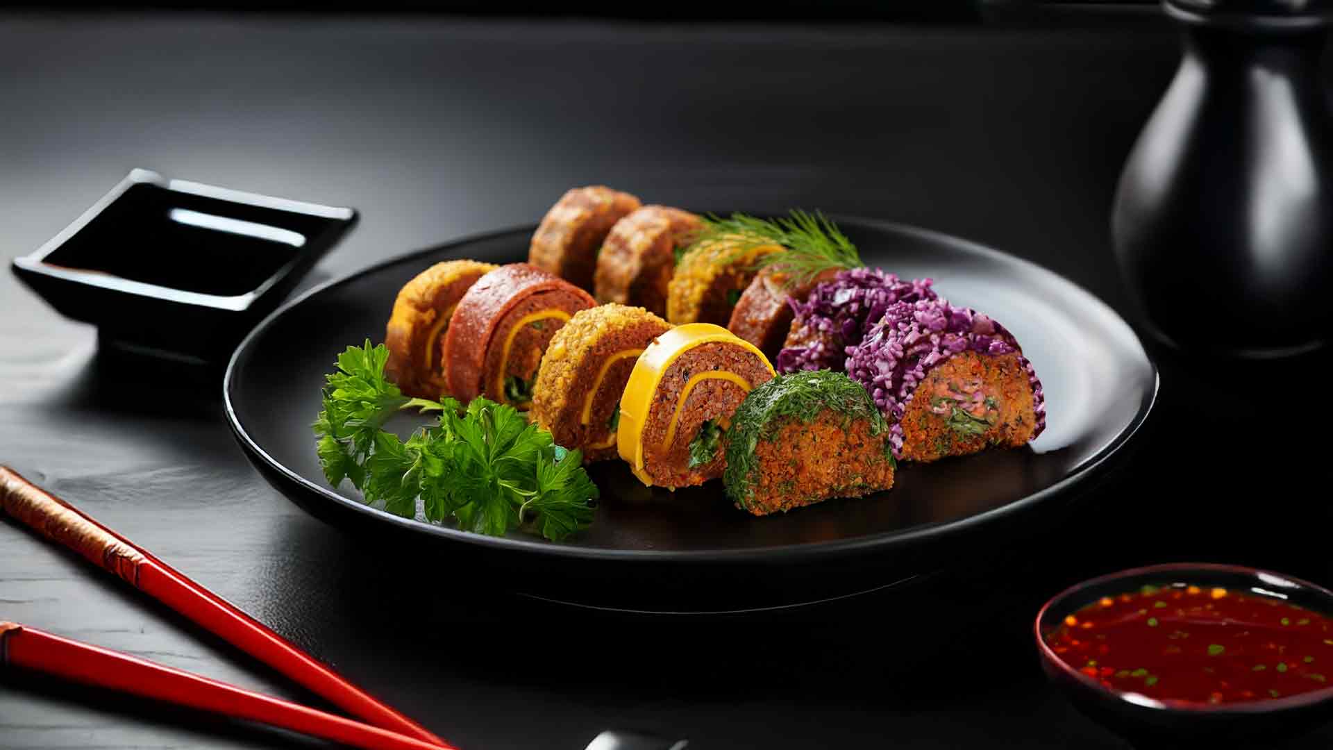 “Biberzade suşi çiğköfte tabağı – renkli sunum, modern siyah tabak ve premium çiğköfte çeşitleri.”